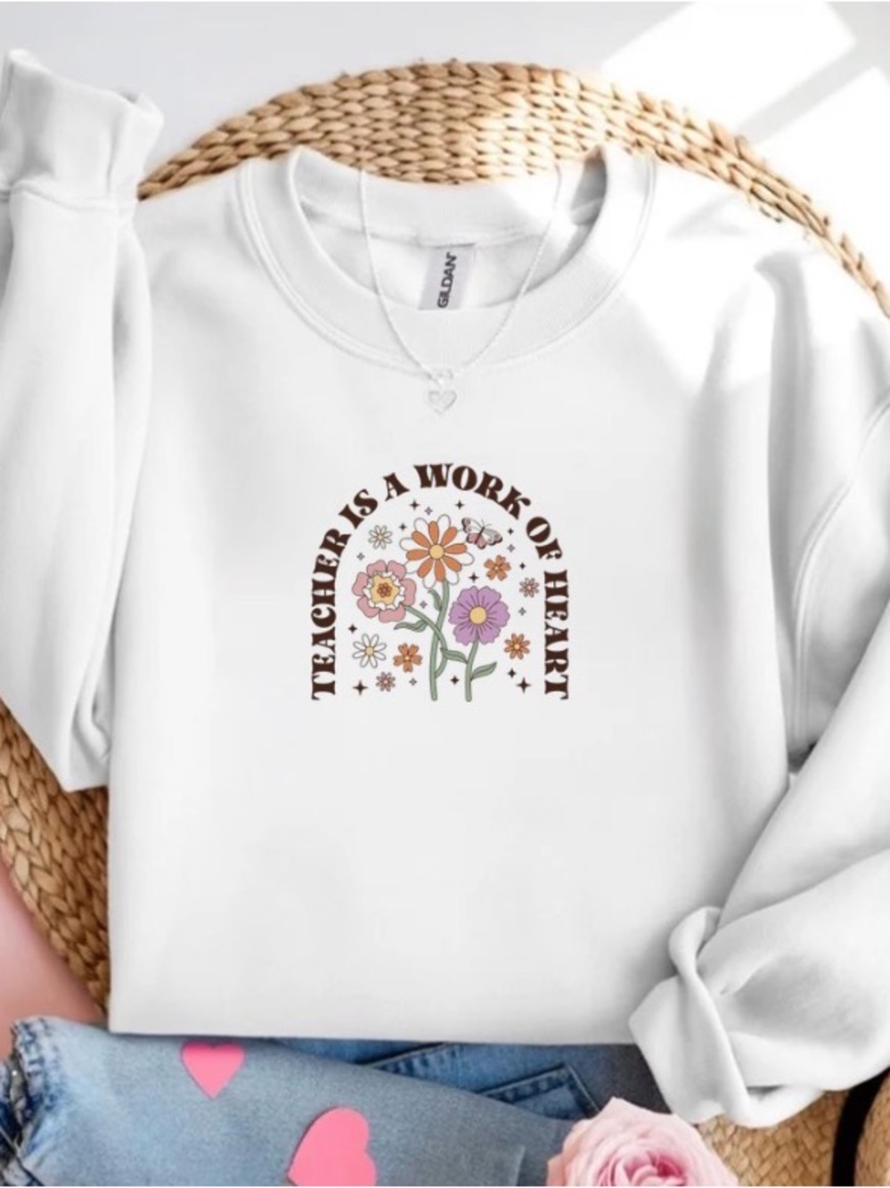 Teacher Is A Work of Heart Sweatshirt Floral Teacher Gift Crewneck